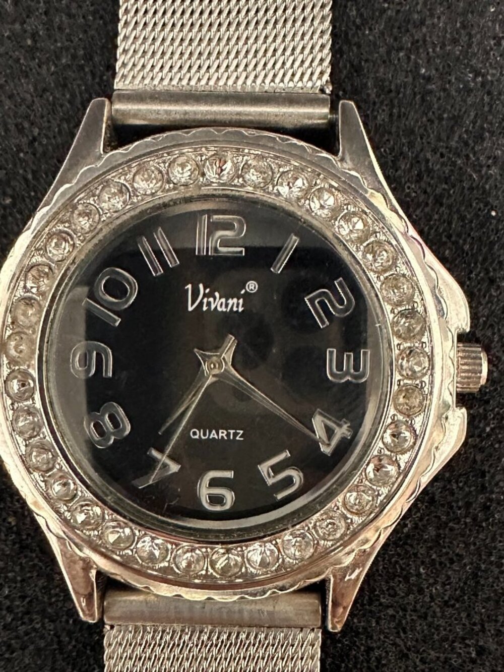3/$30 Vivani Watch Women Silver Tone Black Dial Crystal Bezel Mesh Band 9"